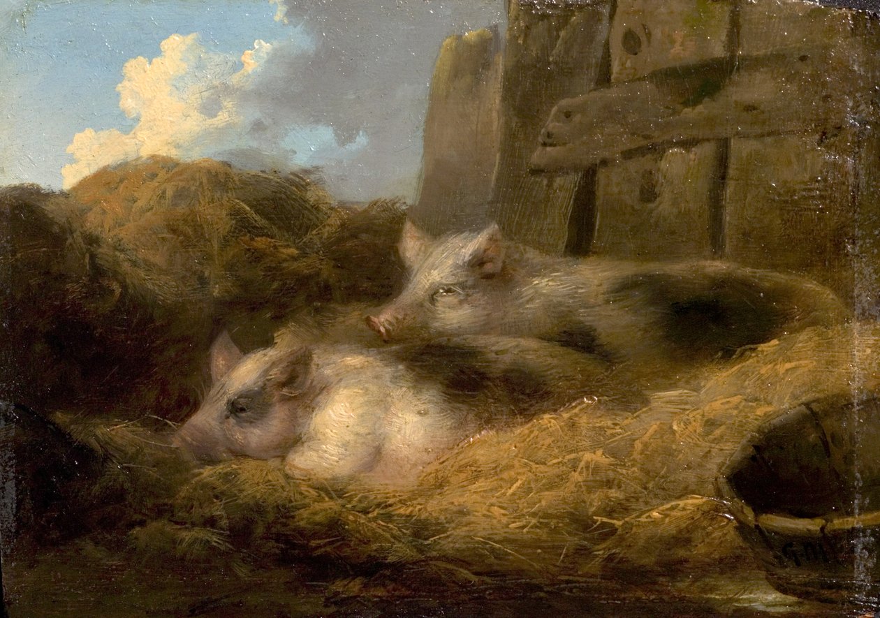 Zwei Schweine im Stroh (Scheune mit Schweinen) von George Morland
