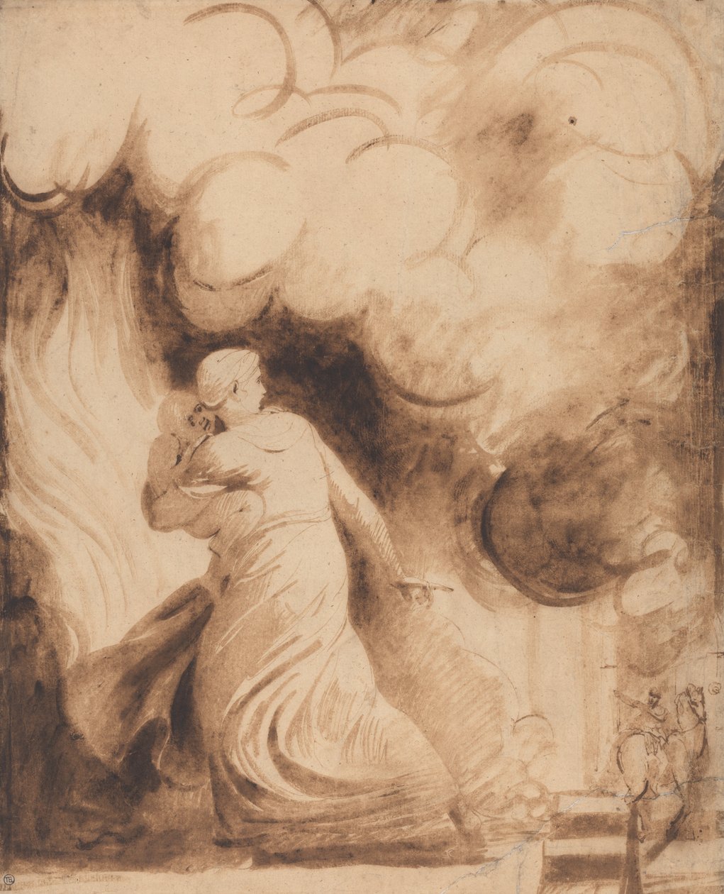 Eine Mutter mit ihrem Kind in den Armen fliegt über die Stadtmauern einer brennenden Stadt von George Romney