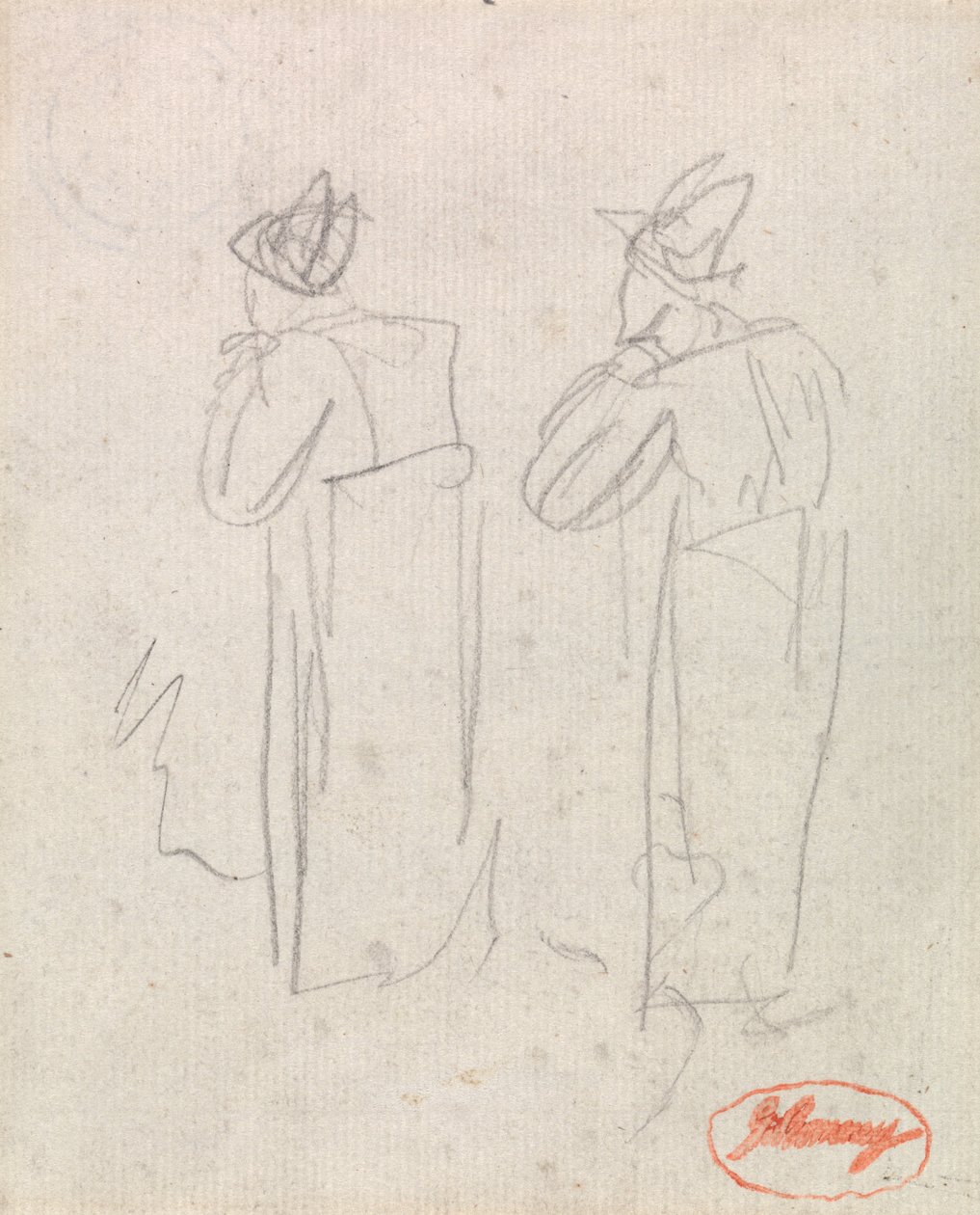 Zwei stehende Figuren mit hohen Hüten von George Romney