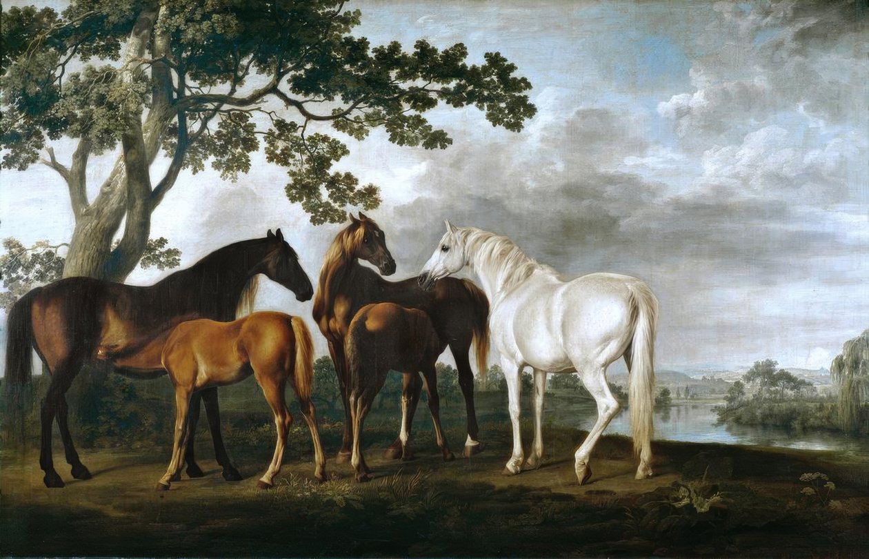 Stuten und Fohlen in einer Flusslandschaft von George Stubbs