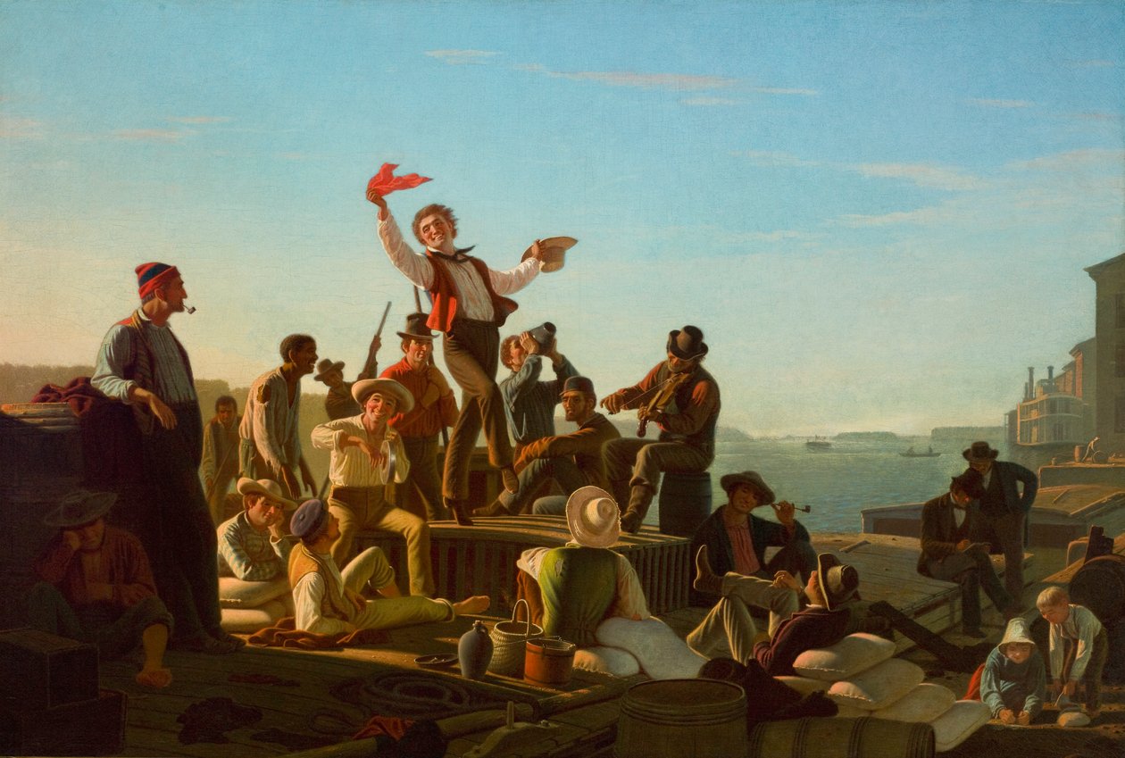 Fröhliche Flachbootfahrer im Hafen von George Caleb Bingham