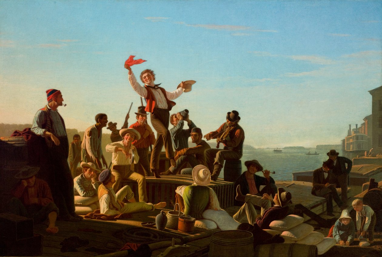 Fröhliche Flachbootmänner im Hafen von George Caleb Bingham