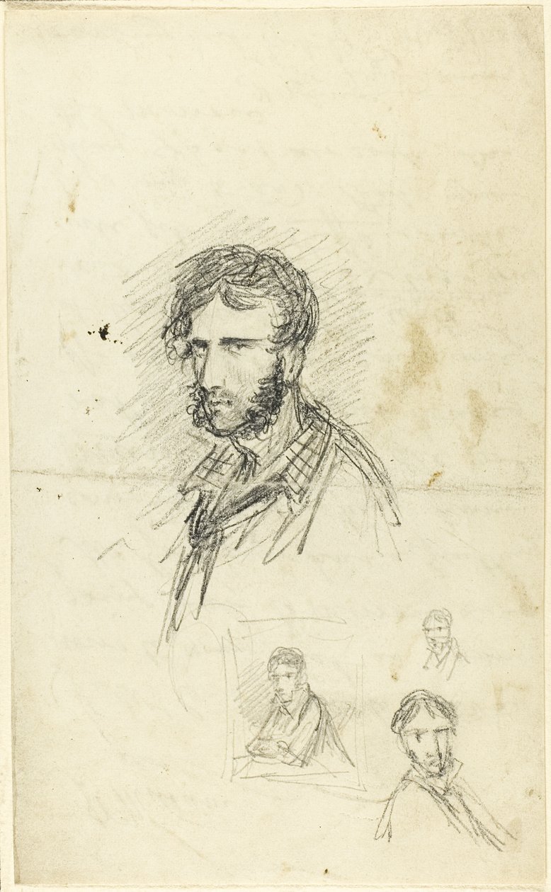 Selbstporträt mit drei Skizzen von George Cruikshank
