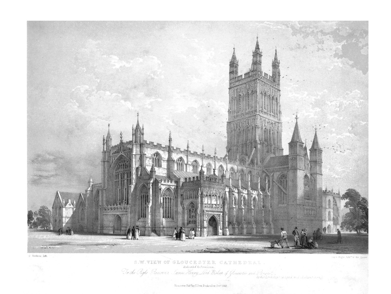 Südwestansicht der Kathedrale von Gloucester, um 1842 von George Hawkins