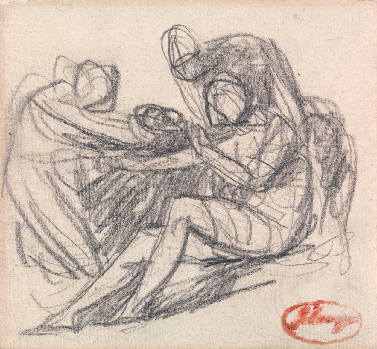 Zwei Figuren helfen einer sitzenden Figur von George Romney