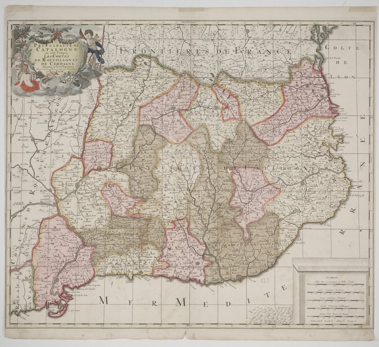 Fürstentum Katalonien, um 1702 (handkolorierte Radierung) von Gerard Valck