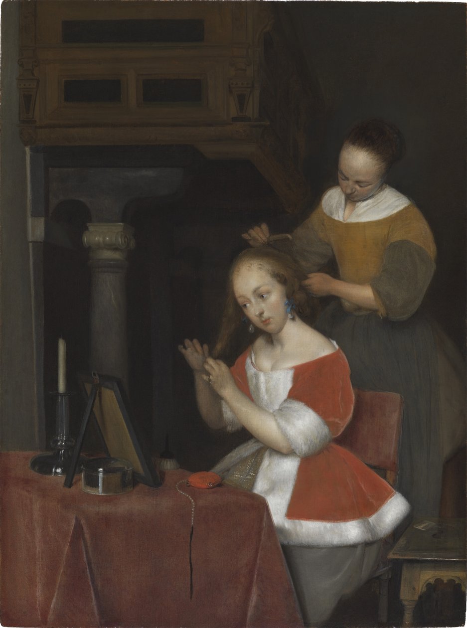 Frau sitzt an ihrem Toilettentisch von Gerard ter Borch
