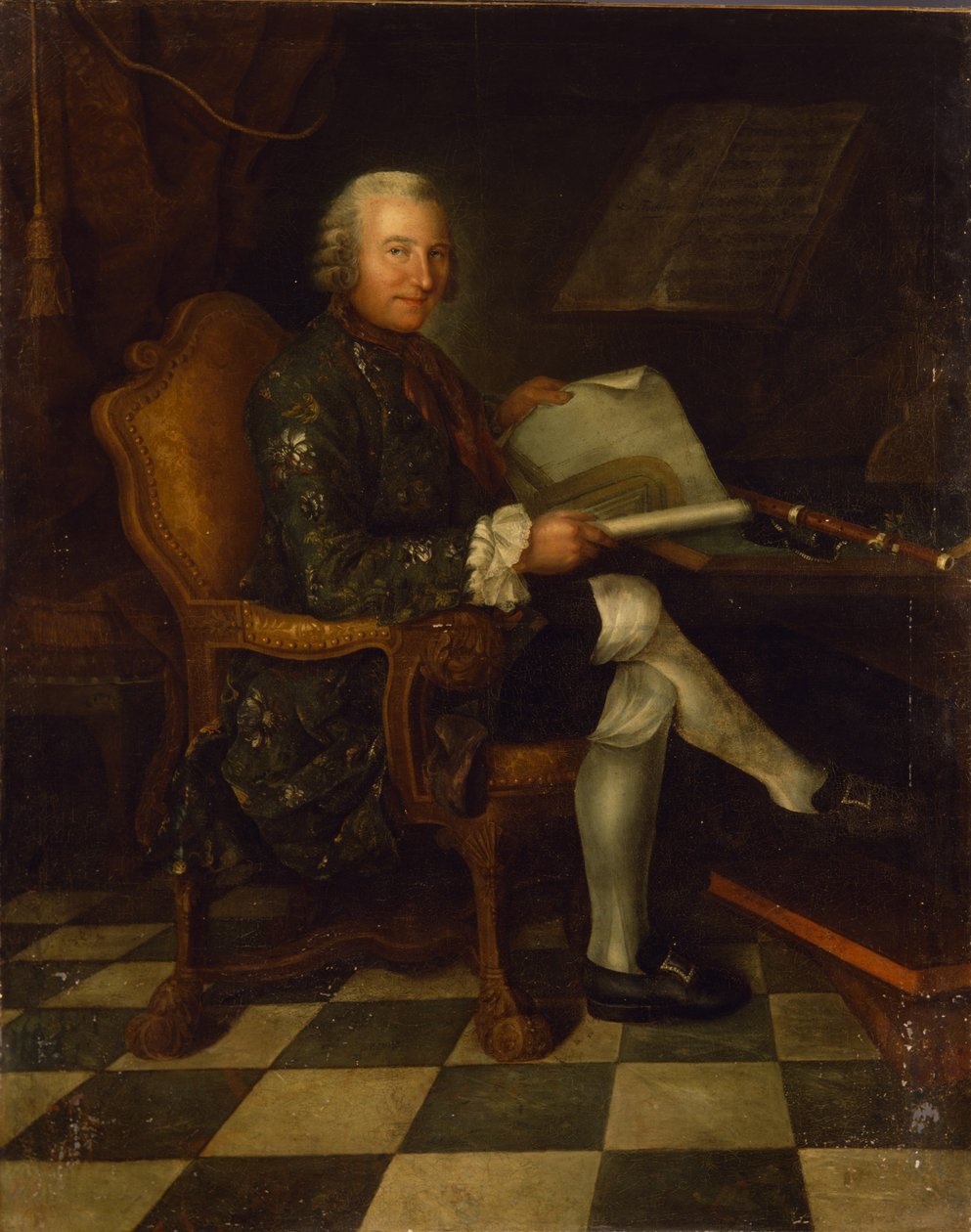 Isaac Egmont von Chasot an seinem Schreibtisch (mit der Flöte Friedrichs des Großen), 1750 von German School