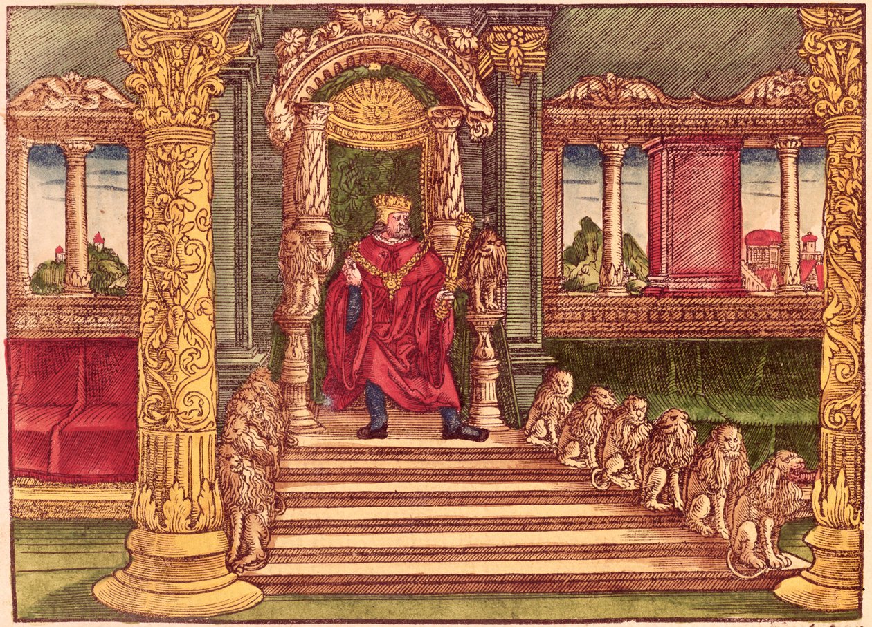 König Salomo auf seinem Thron, 1. Ausgabe, aus der Lutherbibel, ca. 1530 von German School