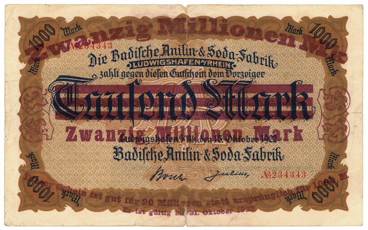 Eine Zwanzig-Millionen-Mark-Banknote, 1922 von German School