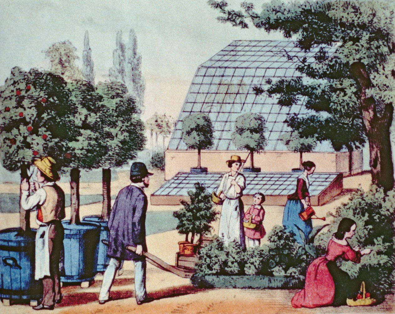 Gartenarbeit, ca. 1860 (Farbstich) von German School
