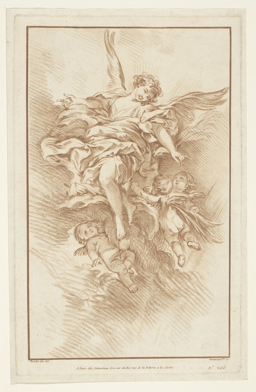 Engel mit drei Putti in Wolken von Gilles Demarteau