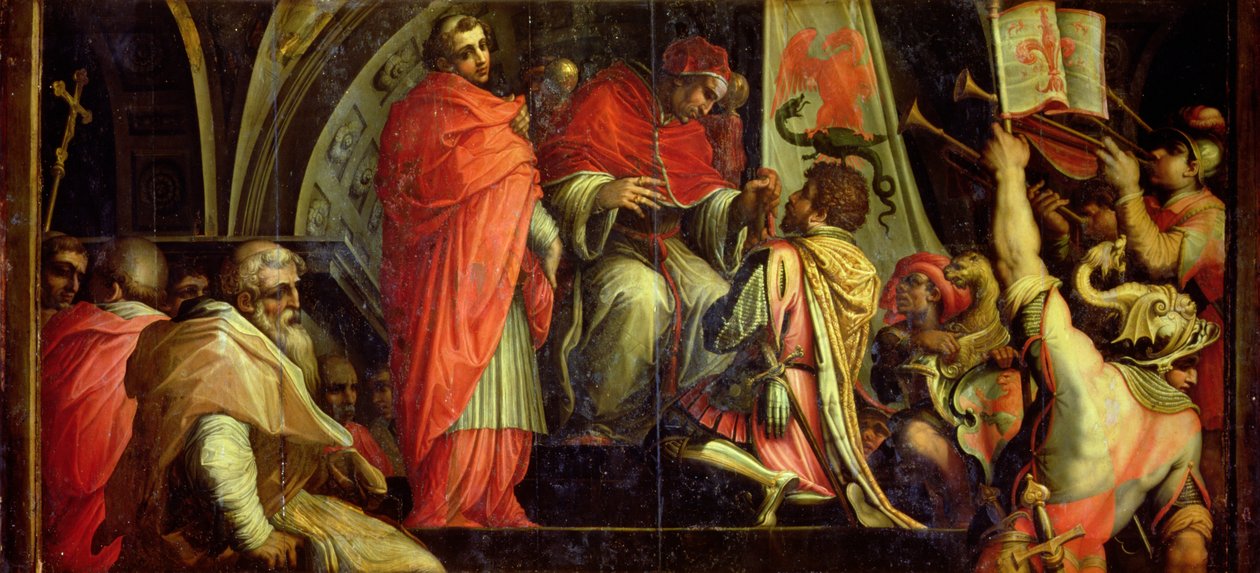 Clemens IV. (1265-68) übergibt Waffen an die Führer der Guelfenpartei, von der Decke des Salone dei Cinquecento, 1565 (Tafel) von Giorgio Vasari