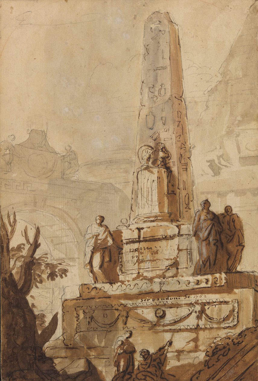 Ägyptischer Obelisk in einer Landschaft mit Ruinen, einem Bogen und einer Pyramide von Giovanni Niccolo Servandoni