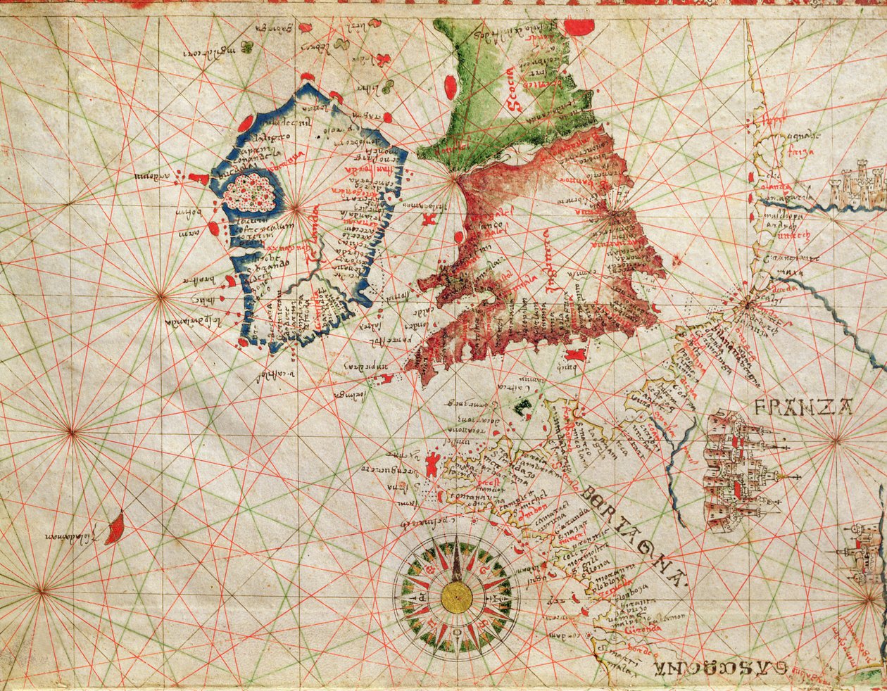 Die französische Küste, England, Schottland und Irland, aus einem nautischen Atlas, 1520 (Detail) von Giovanni Xenodocus da Corfu