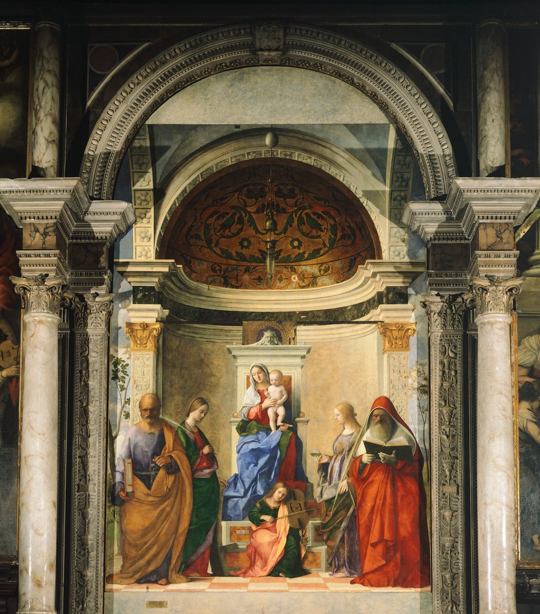 Madonna zwischen vier Heiligen von Giovanni Bellini