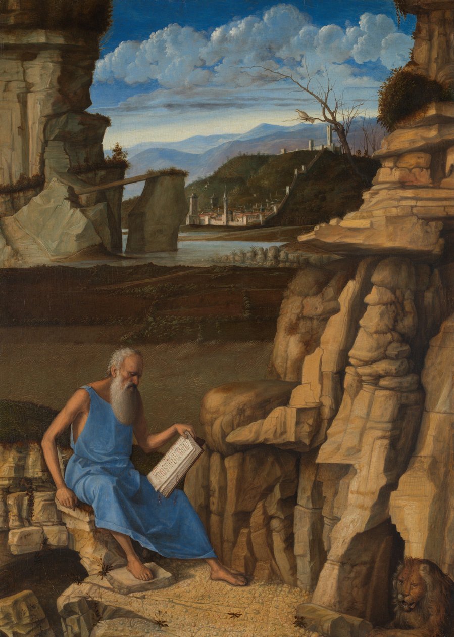 Der heilige Hieronymus liest in einer Landschaft von Giovanni Bellini