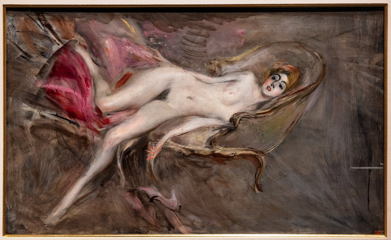 Nackte Frau auf rosa Kissen von Giovanni Boldini