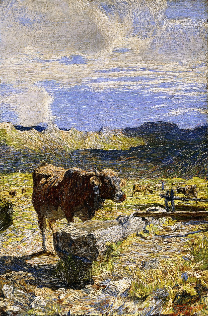 Braune Kuh trinkt aus einem Trog, 1892 von Giovanni Segantini