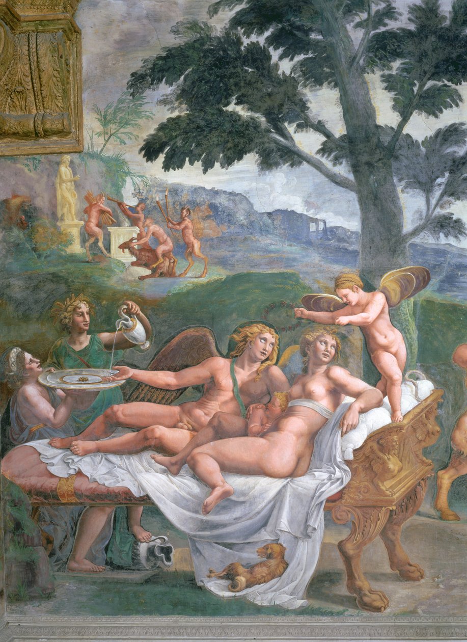 Amor und Psyche mit ihrer Tochter Voluptas, bedient von Ceres, die Wasser in ein Becken gießt, das von Juno gehalten wird, Detail des edlen Banketts von Giulio Romano