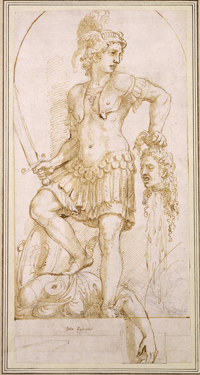 Perseus, ca. 1540 (Feder und brauner Bleistift mit schwarzer Kreide auf weißem Papier) von Giulio Romano