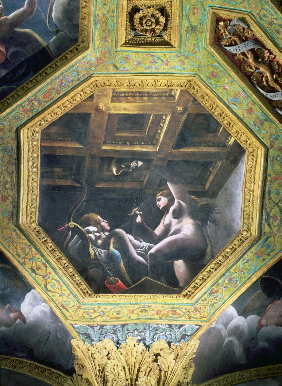 Psyche sieht Amor, während er schläft, Deckenfeld aus der Sala di Amore e Psiche, 1528 von Giulio Romano