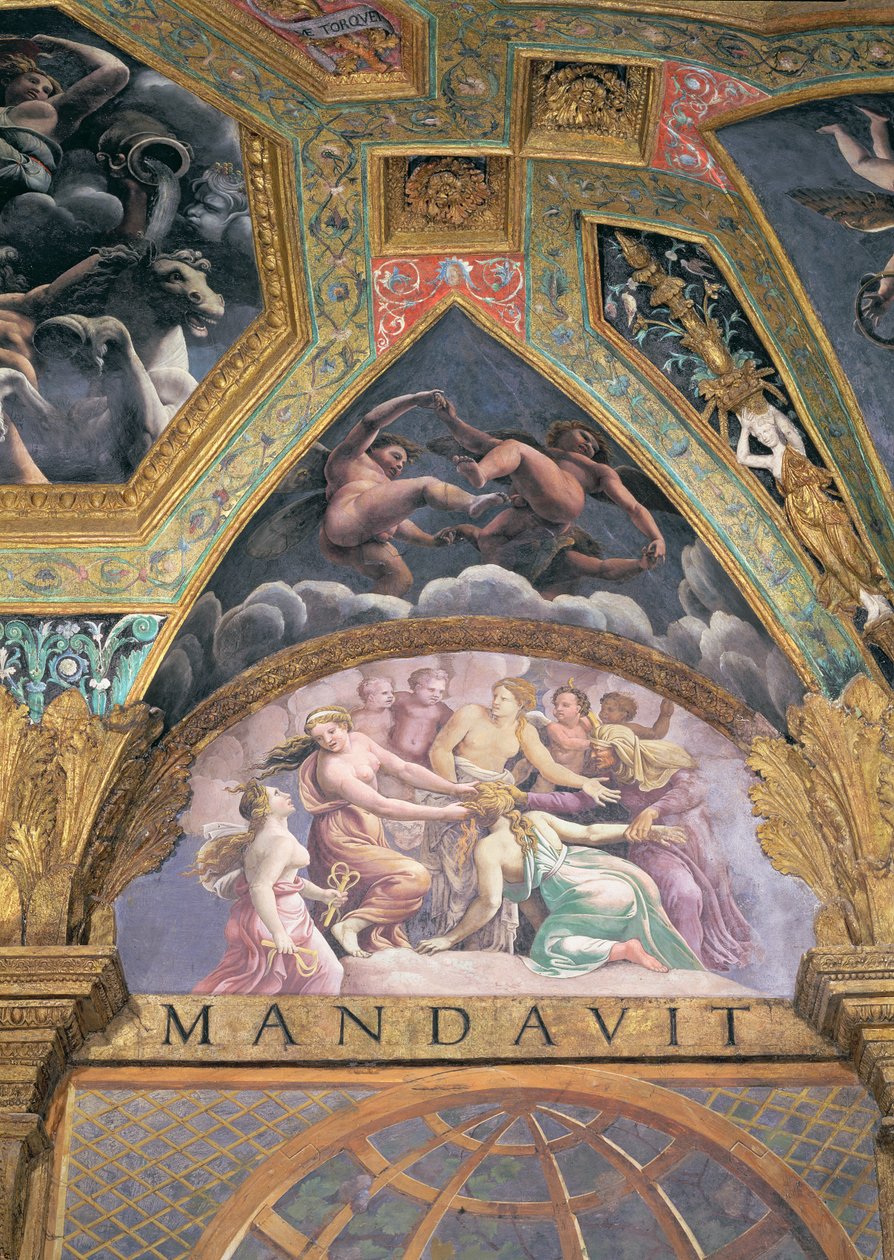 Psyche, die eine der Prüfungen besteht, die ihr von Venus auferlegt wurden, Lunette aus der Sala di Amore e Psiche, 1528 von Giulio Romano