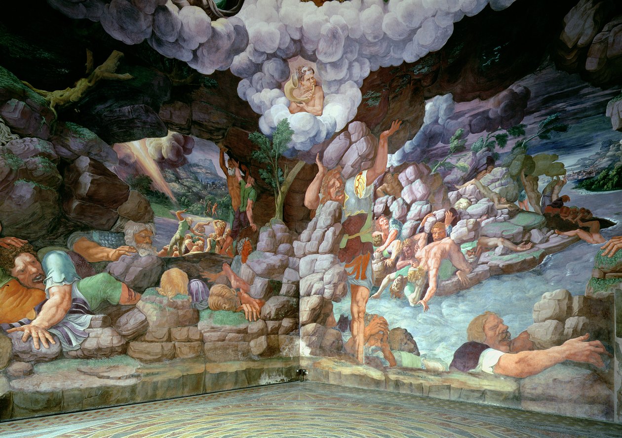 Sala dei Giganti, Ansicht von zwei Wänden, die die Zerstörung der rebellischen Riesen durch Jupiters Blitze zeigen, 1536 von Giulio Romano