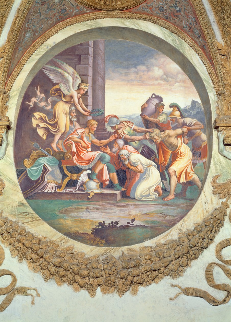 Szene, die zeigt, dass diejenigen, die unter dem Zeichen des Wassermanns in Verbindung mit dem Sternbild Aquila geboren sind, kriegerische Tugenden besitzen, symbolisiert durch eine Triumphszene, aus der Camera dei Venti von Giulio Romano