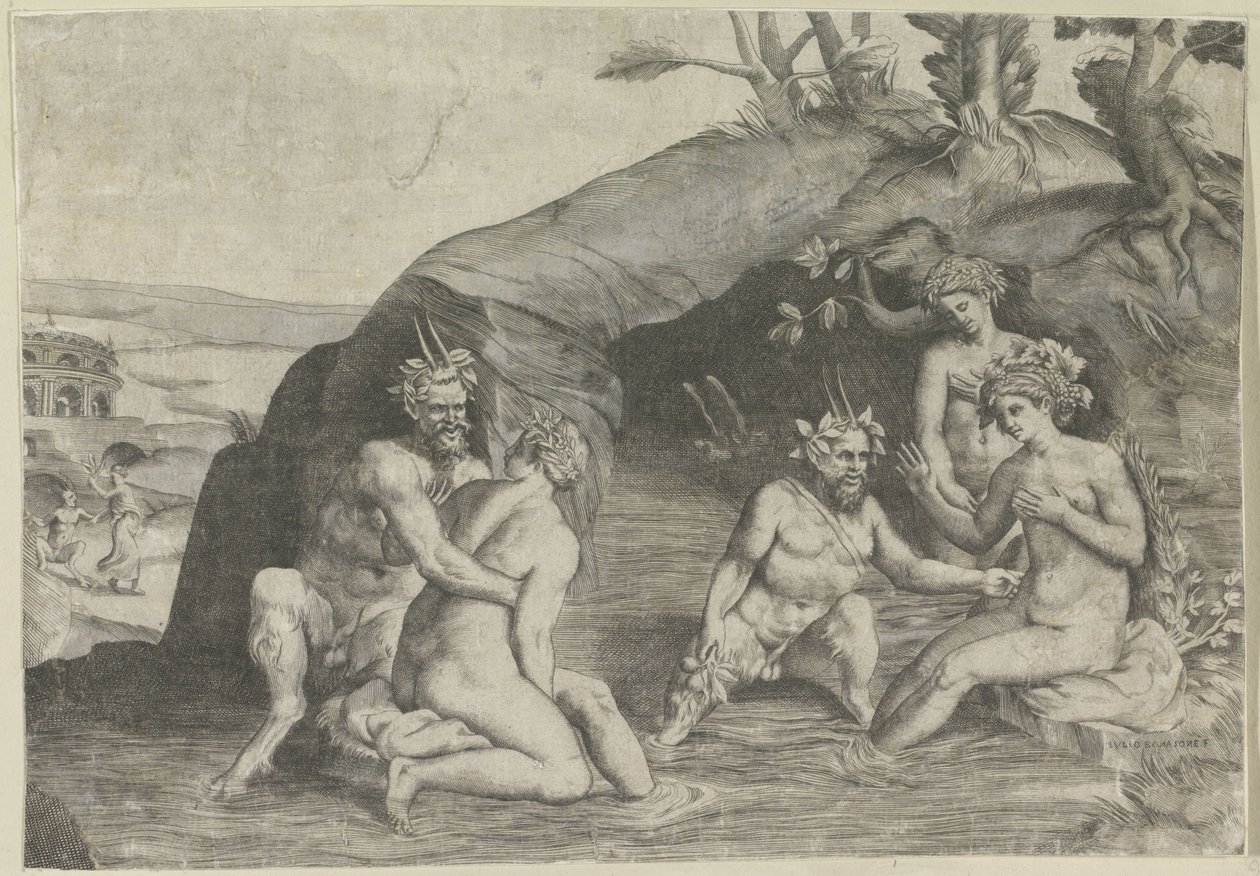 Drei Nymphen und zwei Satyrn beim Baden von Giulio Bonasone