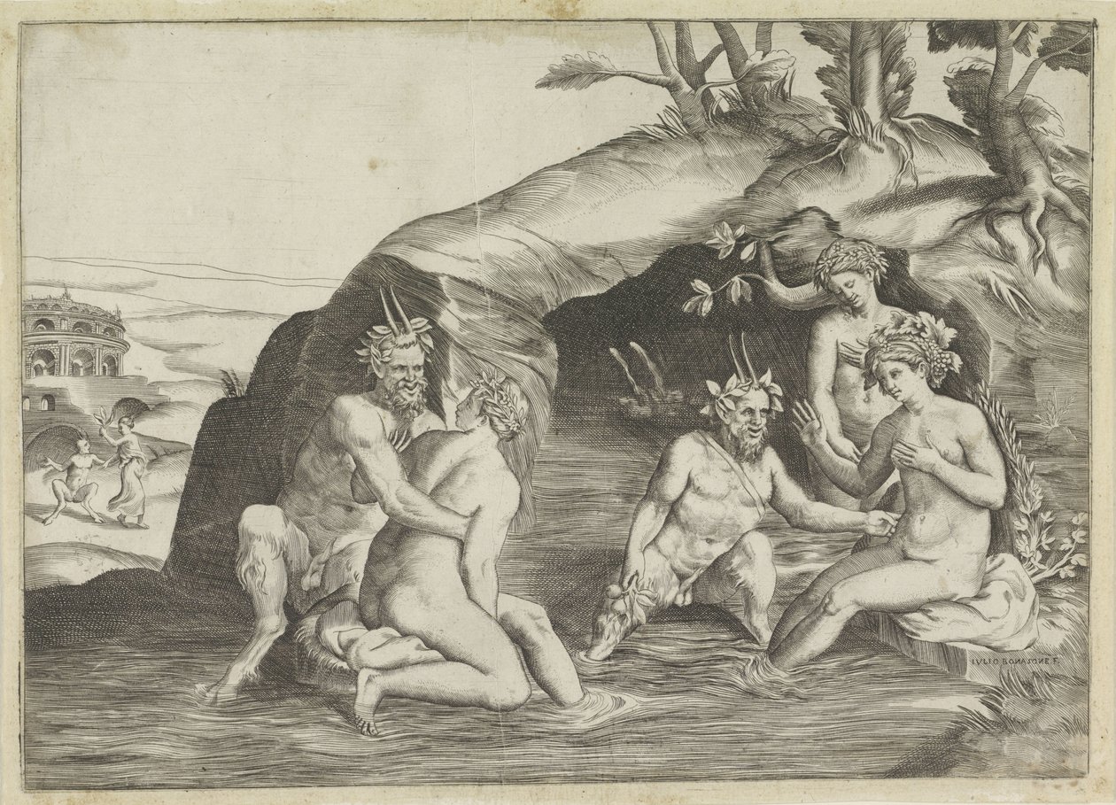 Drei Nymphen und zwei Satyrn beim Baden von Giulio Bonasone