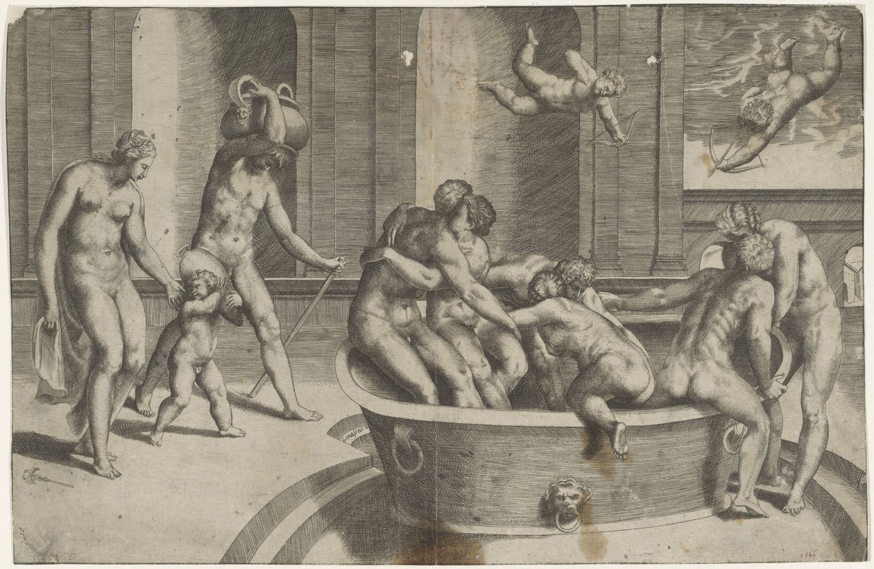 Männer und Frauen in großer Badewanne von Giulio Bonasone
