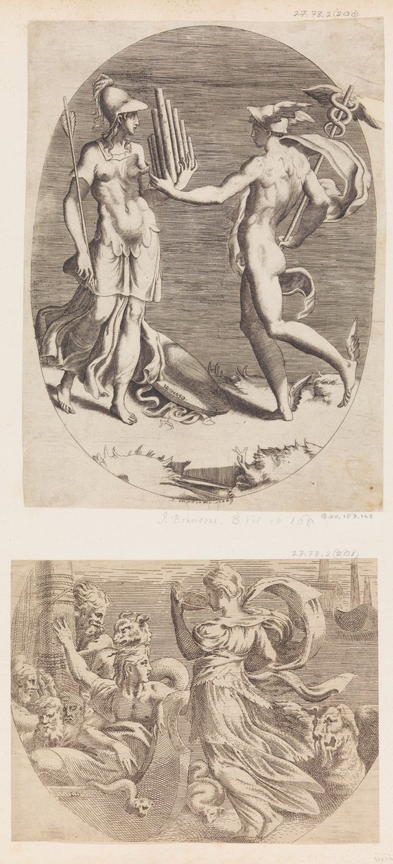Merkur überreicht Minerva eine Panflöte von Giulio Bonasone