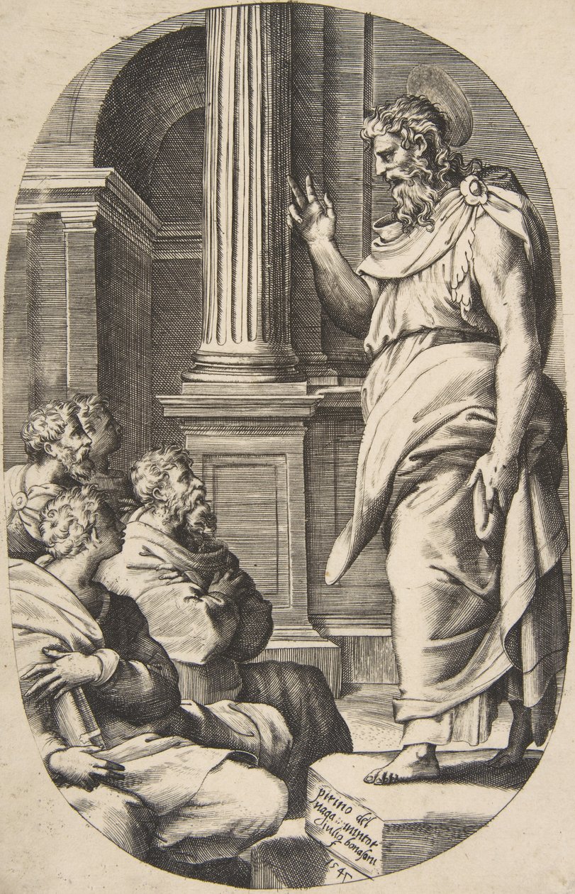 Der heilige Paulus predigt, eine ovale Komposition von Giulio Bonasone