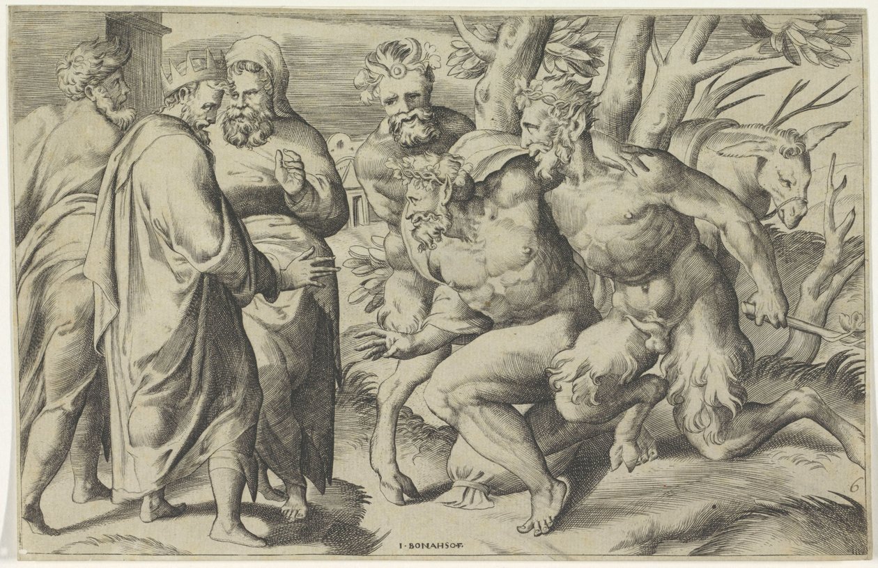 Zwei Satyrn bringen Silenus zu König Midas von Giulio Bonasone