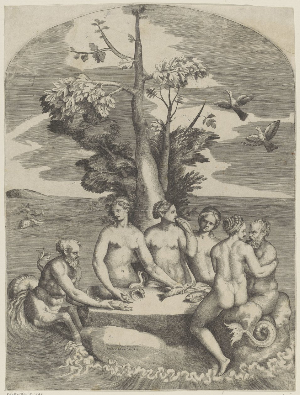 Vier Nymphen und zwei Meeresgötter von Giulio Bonasone