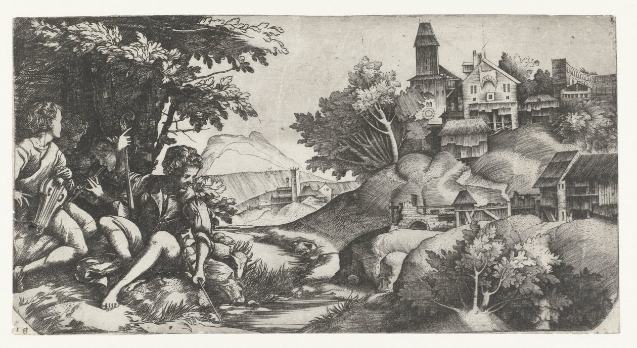 Musizierende Hirten in einer Landschaft von Giulio Campagnola
