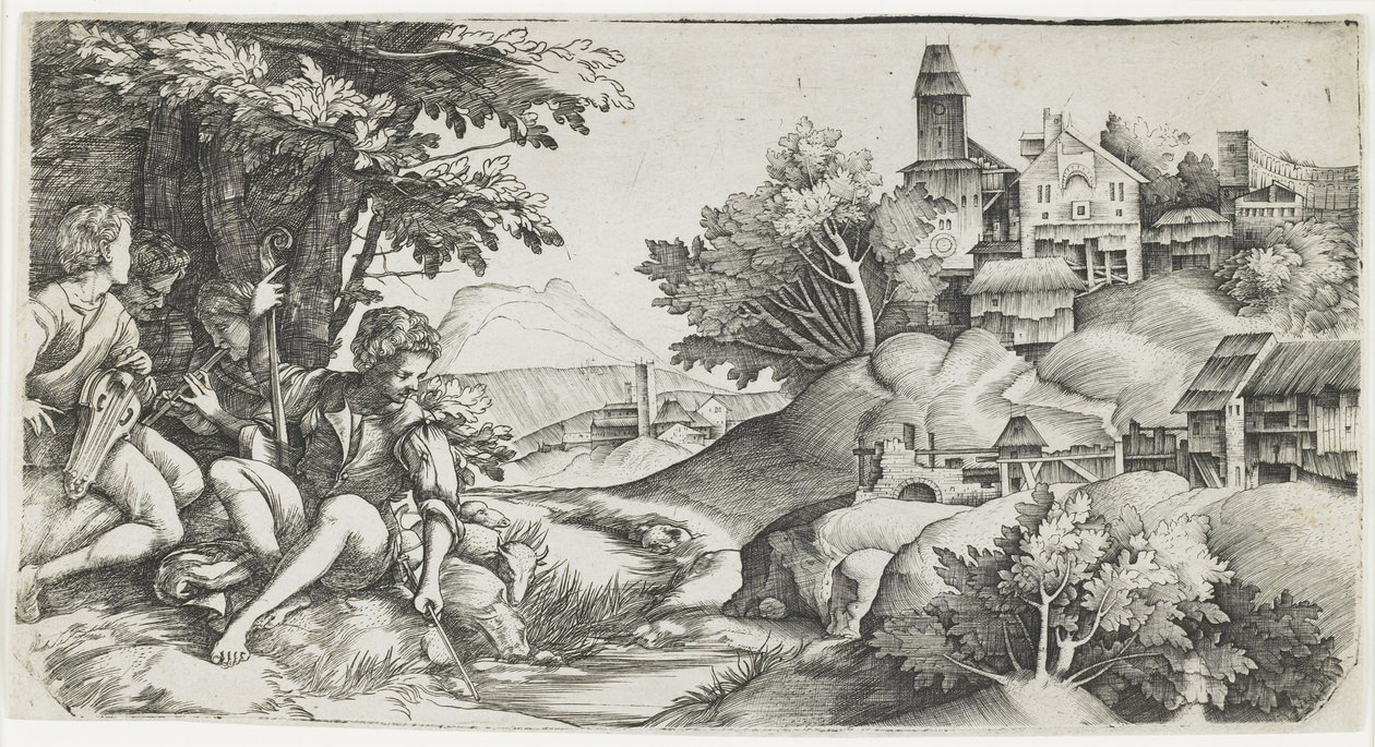 Hirten in einer Landschaft von Giulio Campagnola