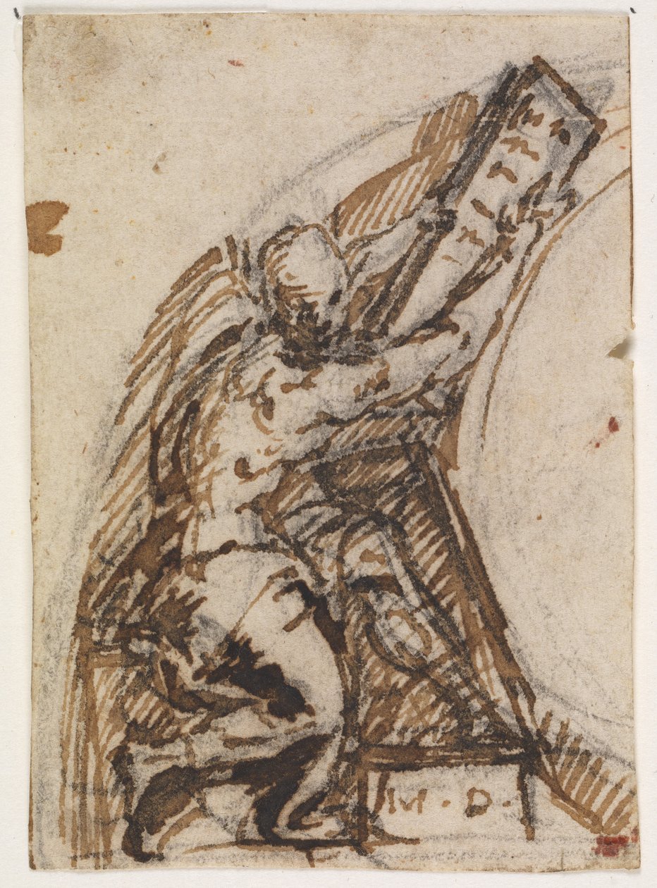 Sitzender Mann mit Schrifttafel(?). Architekturdetaill von Giulio Campi