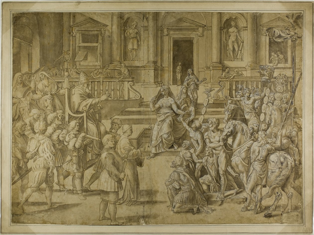 Papst Silvester segnet Kaiser Konstantin von Giulio Romano