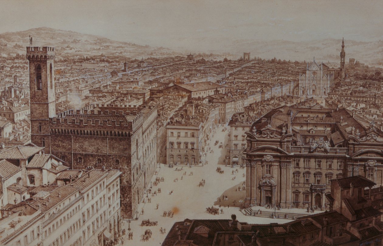 Ansicht der Piazza di San Firenze und Piazza Santa Croce, Florenz von Giuseppe and Sanesi, Nicola Poggi