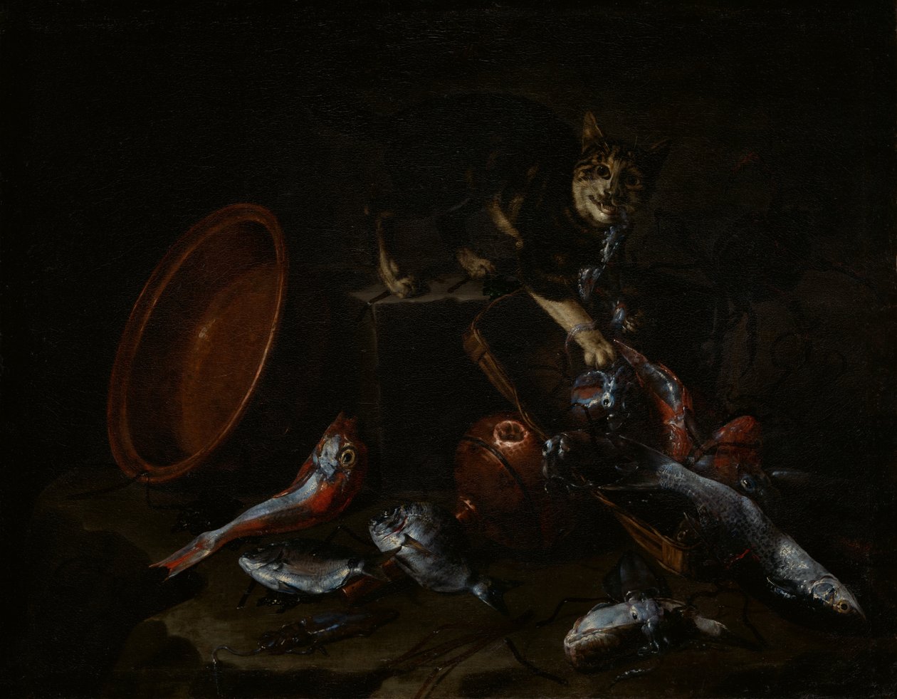 Eine Katze stiehlt Fisch von Giuseppe Recco