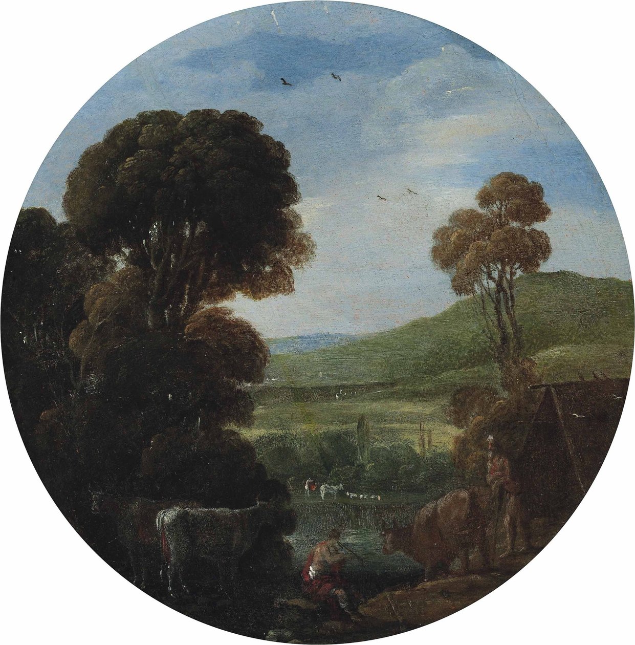 Waldige Flusslandschaft mit Treibern und ihrem Vieh von Goffredo Wals