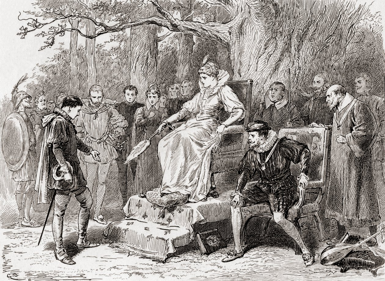 Eine Szene aus William Shakespeares Stück Verlorene Liebesmüh, Akt V, Szene 2, Mercade: Es tut mir leid, Madam; die Nachricht, die ich bringe, ist schwer auf meiner Zunge, aus Die Werke von William Shakespeare, veröffentlicht 1896 von Gordon Frederick Browne