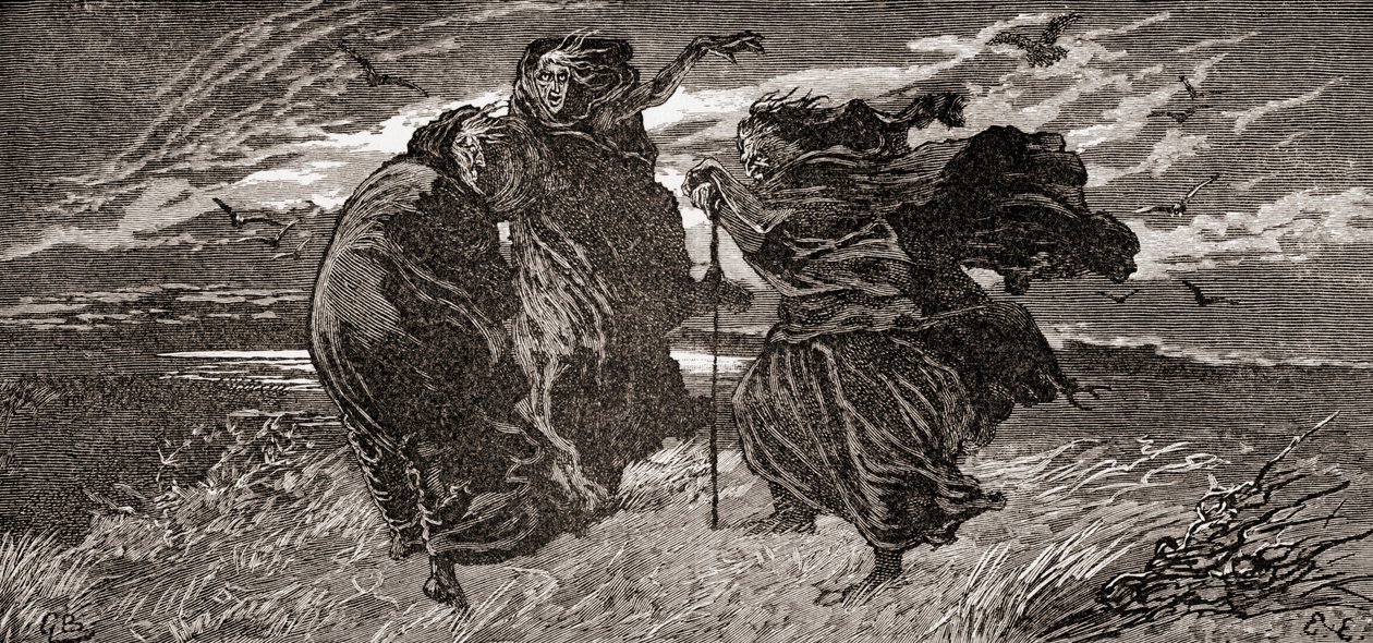 Szene aus William Shakespeares Stück Macbeth, Akt I, Szene 1, Erste Hexe: Wann treffen wir drei uns wieder, bei Donner, Blitz oder Regen?, aus Die Werke von William Shakespeare, veröffentlicht 1896 von Gordon Frederick Browne