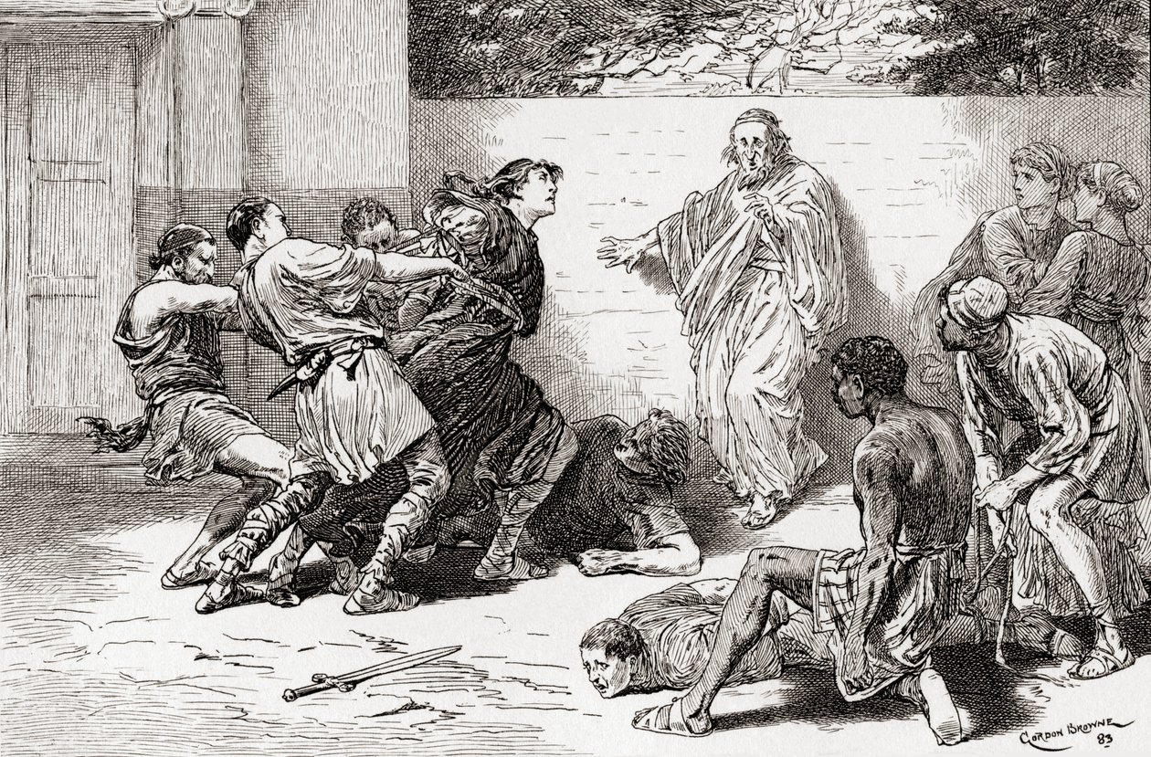 Eine Szene aus William Shakespeares Stück Die Komödie der Irrungen, Akt V, Szene 4, Adriana: O, bindet ihn, bindet ihn, lasst ihn nicht in meine Nähe kommen. Pinch: Mehr Gesellschaft, der Teufel ist stark in ihm, aus Die Werke von William Shakespeare von Gordon Frederick Browne