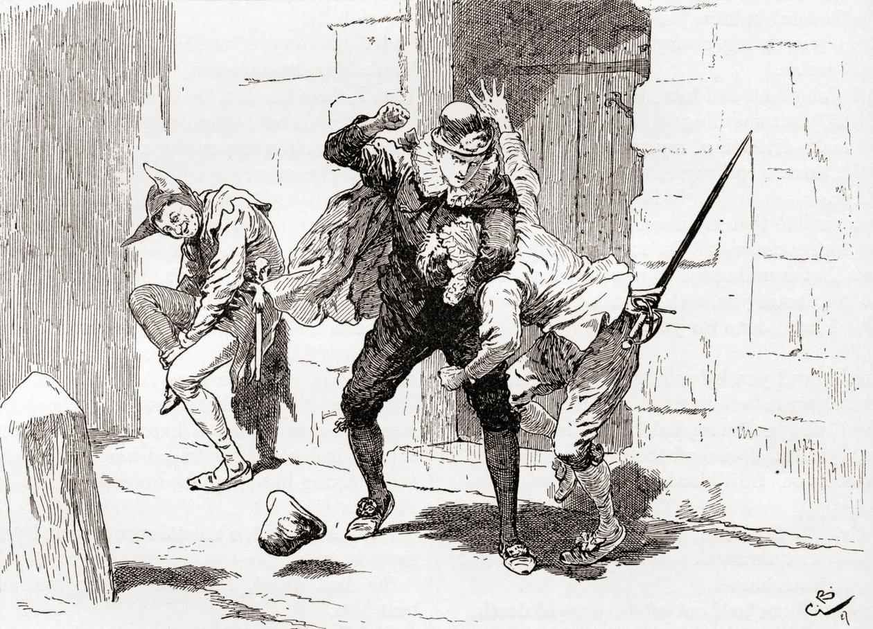 Szene aus William Shakespeares Stück Was ihr wollt, Akt IV, Szene 1, Sebastian (schlägt Sir Andrew): Warum, da hast du