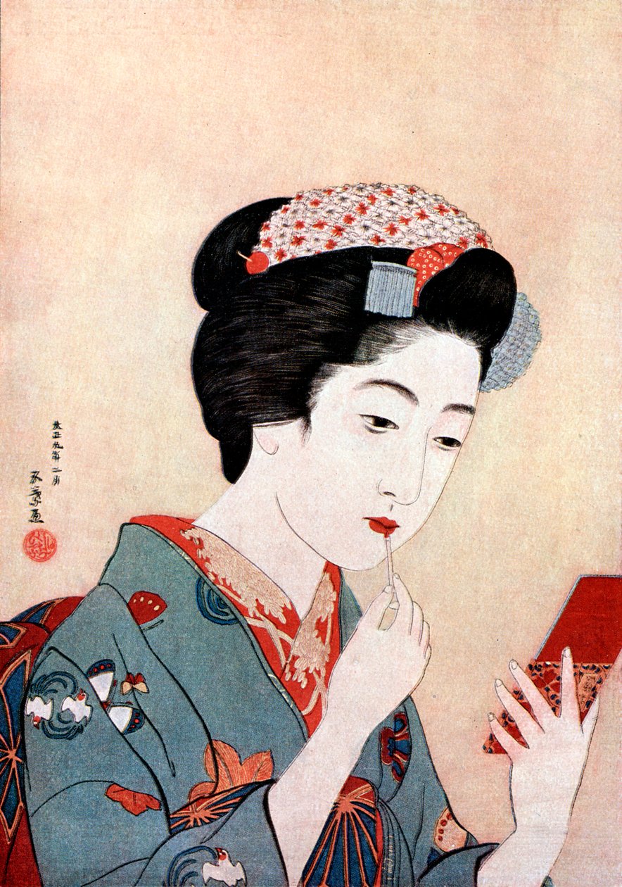 Eine Frau mit einem Beni-Pinsel, ca. 1900-1921 von Goyo Hashiguchi