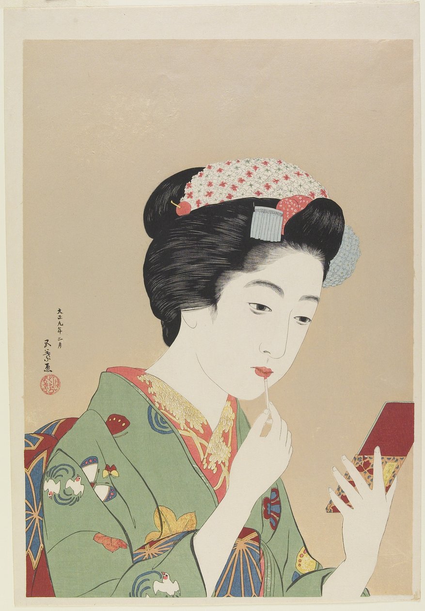 Frau mit Lippenpinsel, Februar 1919 von Goyo Hashiguchi