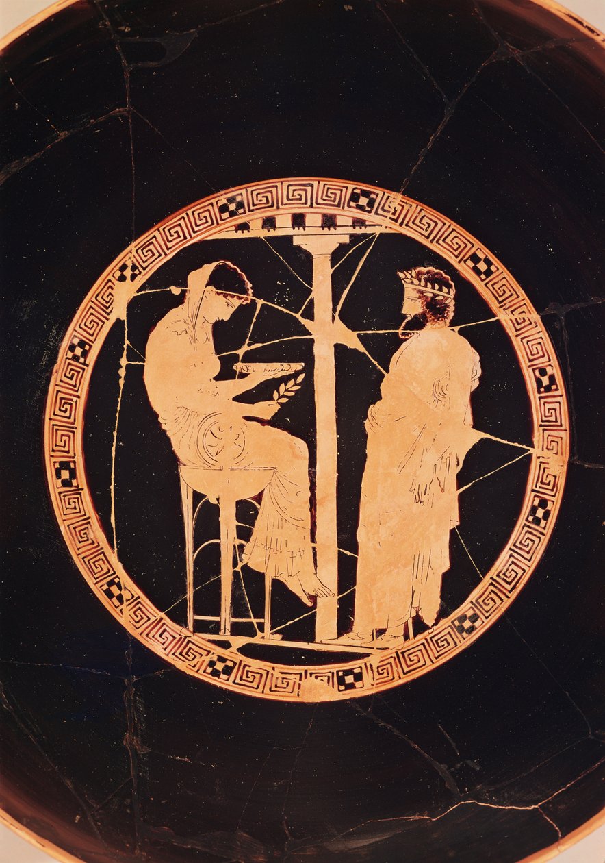 Attische rotfigurige Kylix, die Aegeus, König von Athen, zeigt, wie er das delphische Orakel befragt von Greek